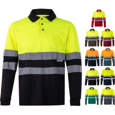 Velilla VL VULCAN. Two-tone bird-eye polo shirt (160g/m²) with long sleeves, in polyester (100%) / Burgundy / Yellow